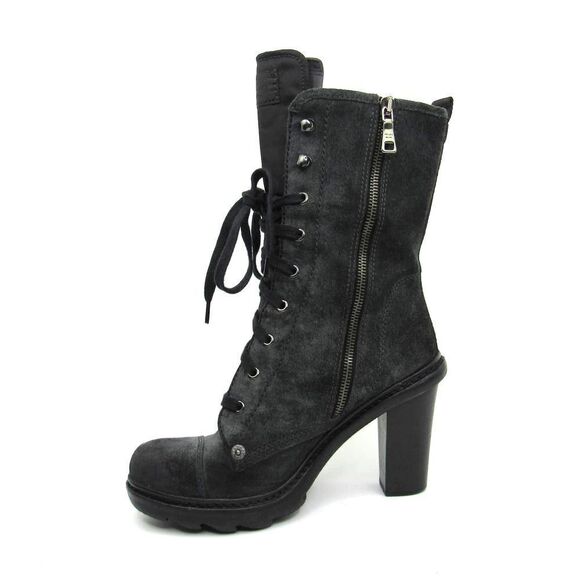 Prada Sport Grey Suede Block Heel Lace Up Mid Calf Boots SZ 37 - Picture 5 of 8